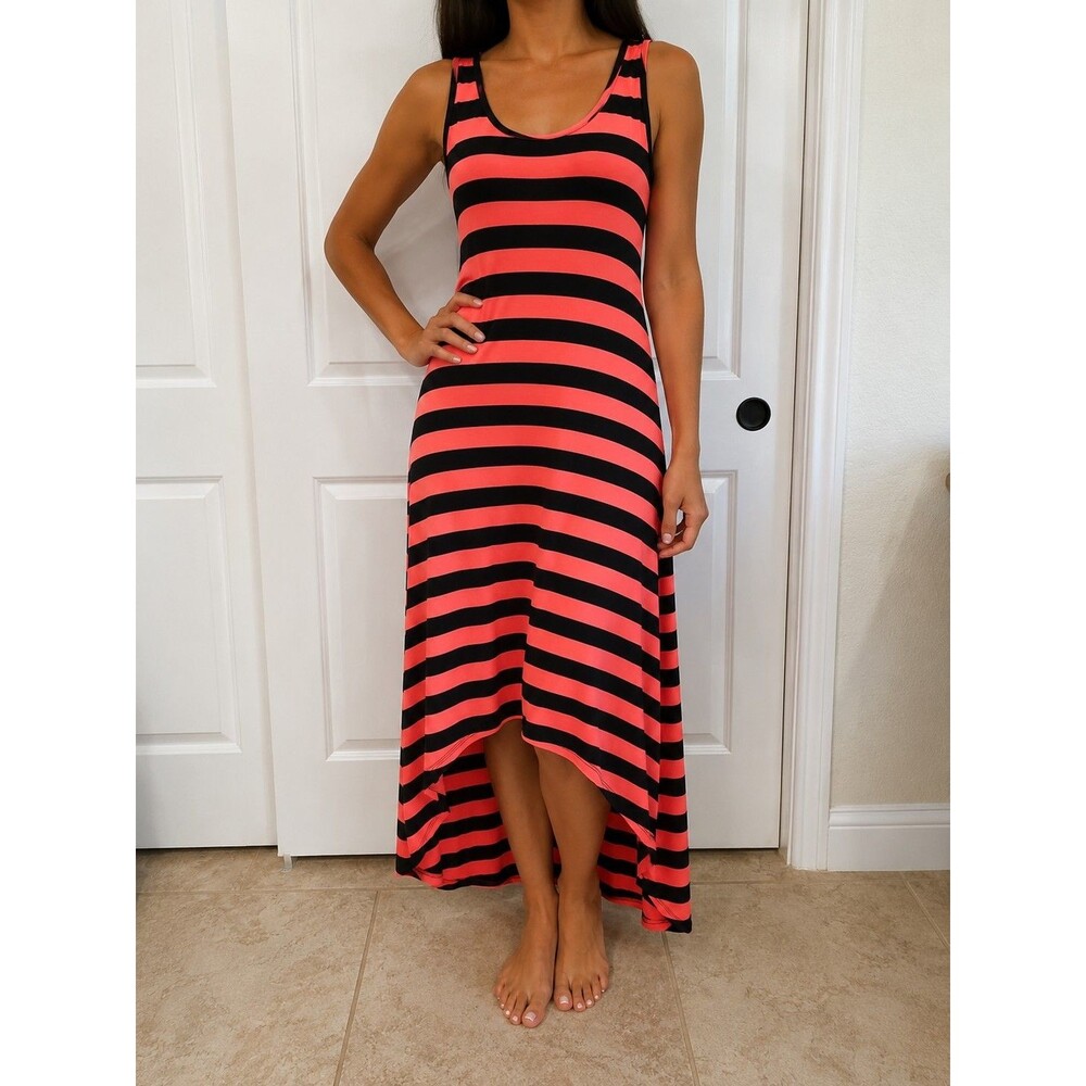 Est. Couture Coral Black Striped Scoop Neck Sleeveless Stretch Hi-Low Maxi XL